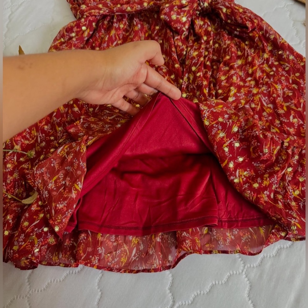 Floral Ruffle Wrap Dress - Red - Picture 15 of 16